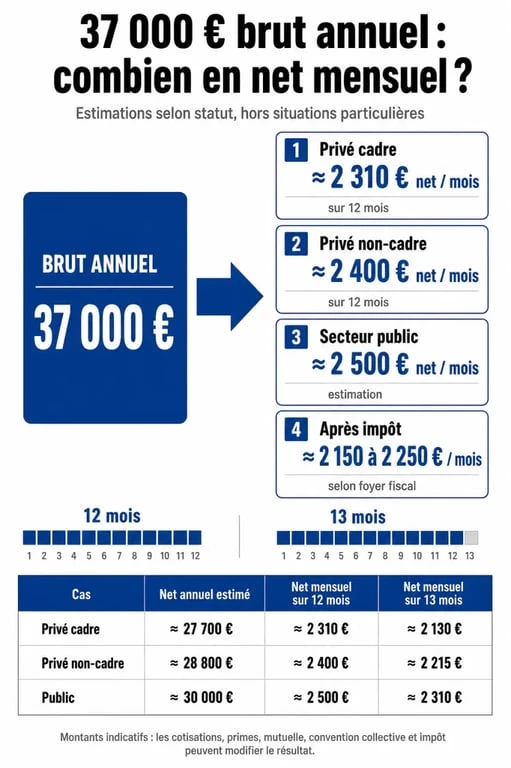 37000 brut en net : infographie comparative du salaire brut annuel en net mensuel selon le privé, le public et après impôt