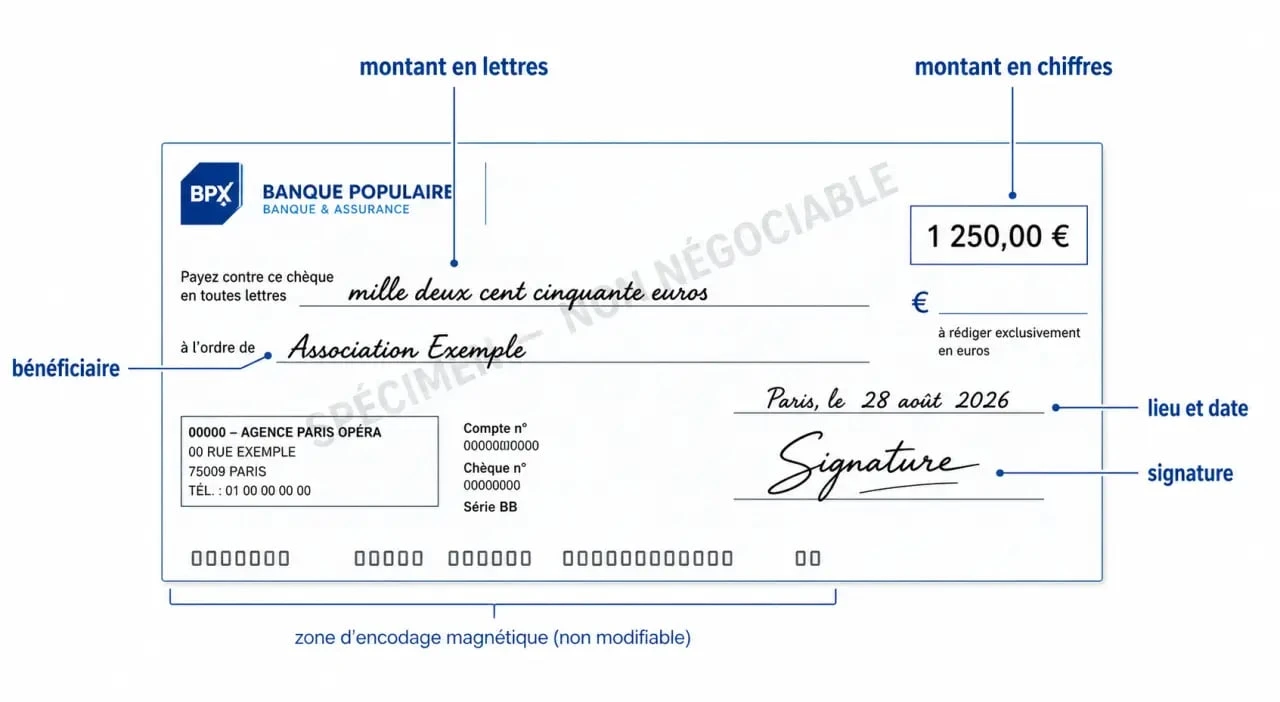 Comment remplir un chèque Banque Populaire : chèque bancaire français rempli avec montants, bénéficiaire, date et signature mis en évidence
