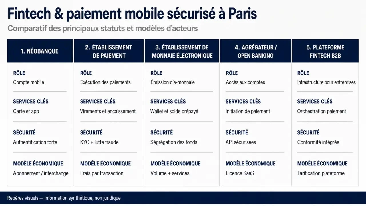 Comparatif des acteurs de la fintech et paiement mobile sécurisé Paris entre néobanque, établissement de paiement et agrégateur