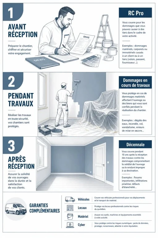 Assurance peintre : schéma des garanties RC Pro, dommages en cours de travaux et décennale