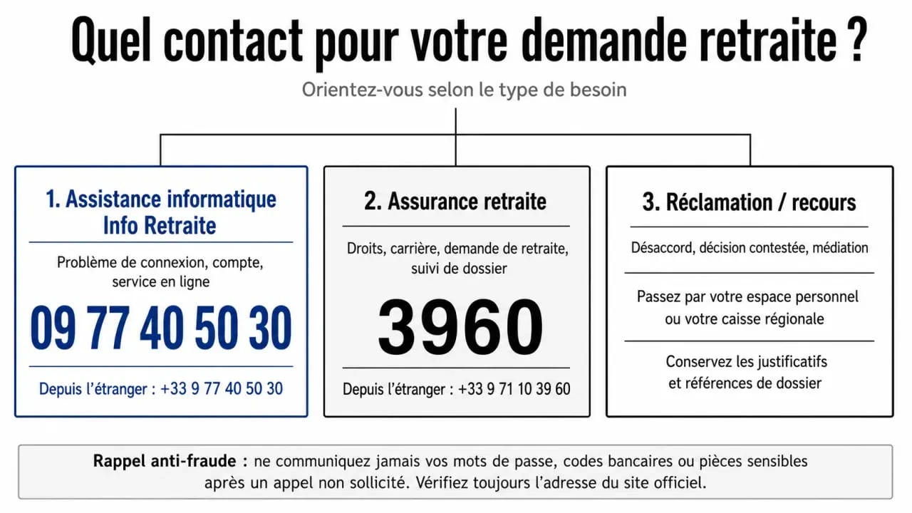 Info retraite contact : schéma éditorial des numéros utiles, horaires et points de contact retraite