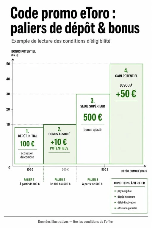 Code promo eToro : paliers de bonus selon le montant du dépôt