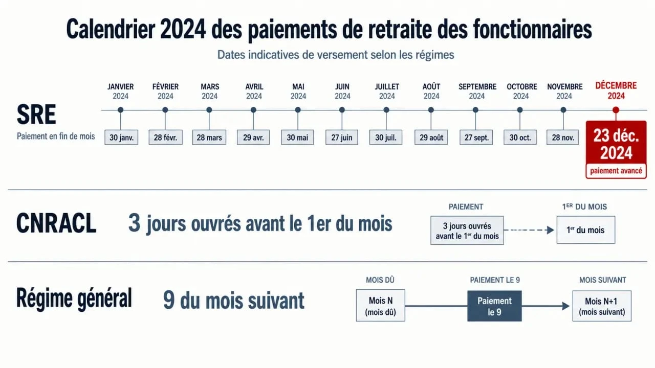 Calendrier paiement retraite fonctionnaire 2024 avec les dates SRE, CNRACL et régime général