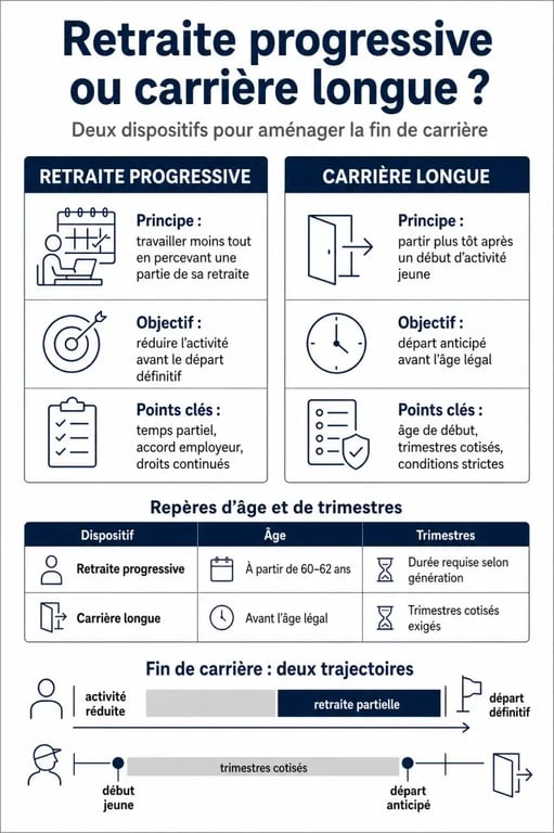 Retraite progressive et carrière longue : comparaison des conditions, de l’âge de départ et de l’impact sur la pension