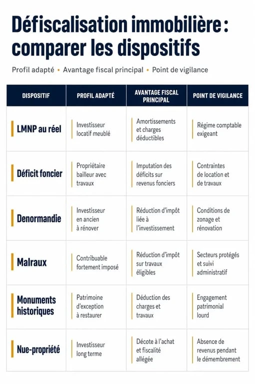 Tableau comparatif défiscalisation immobilière : LMNP, déficit foncier, Denormandie, Malraux, Monuments historiques et nue-propriété