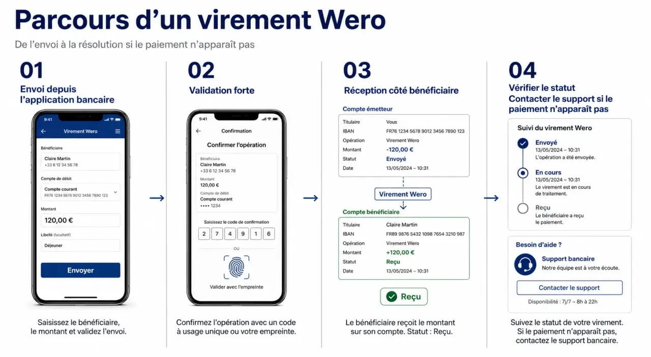Virement Wero non reçu : schéma des vérifications à faire entre l’envoi, le compte destinataire et le support bancaire