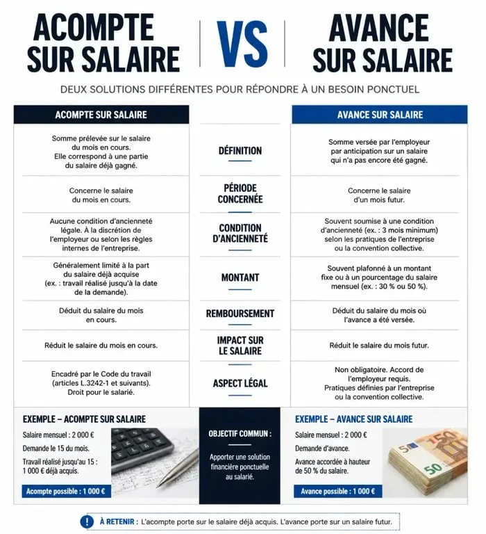 Infographie comparative : acompte sur salaire vs avance sur salaire