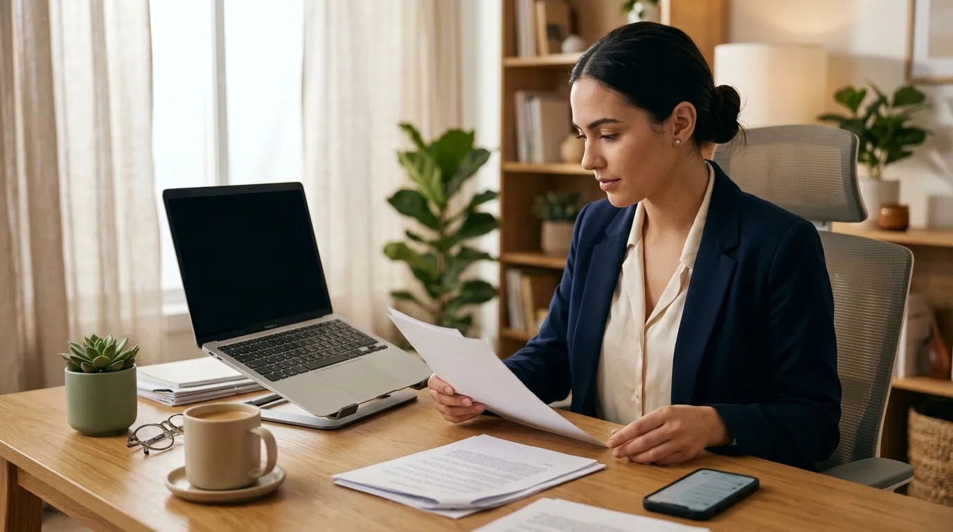 Femme en costume lisant des documents à son bureau avec laptop
