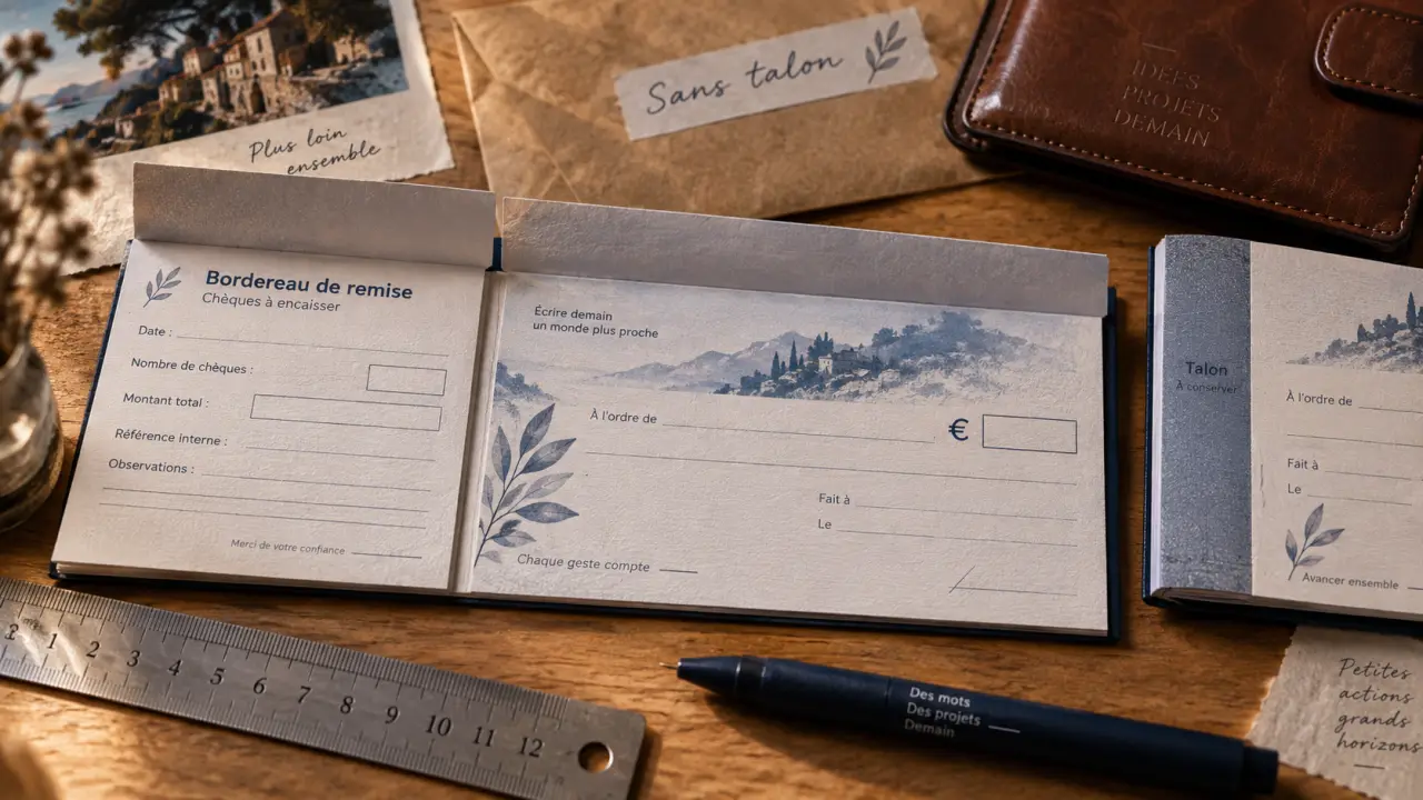 Chèque correspondance sans talon : talon, bordereau et bon porte-chéquier visibles