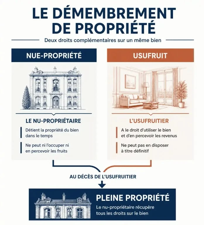 Schéma du démembrement de propriété entre nue-propriété et usufruit pour réduire les droits de succession
