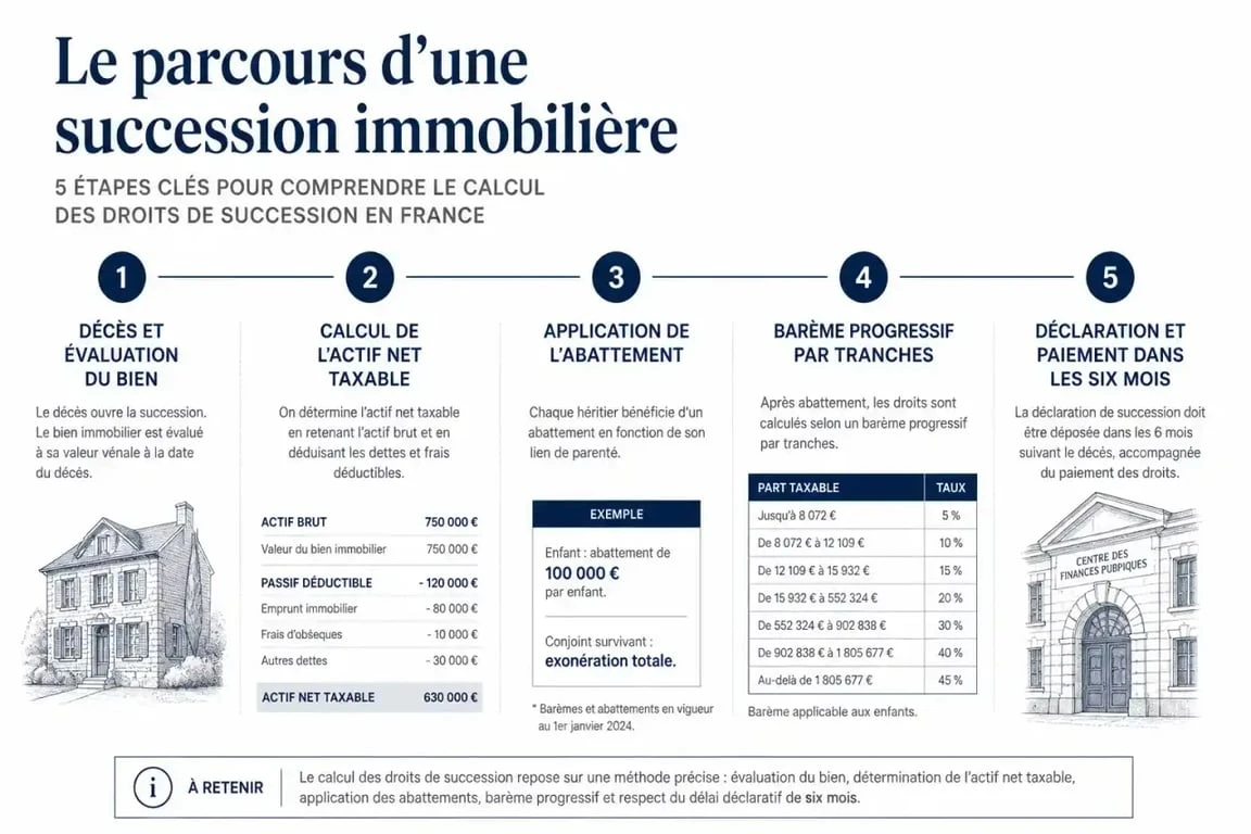 Infographie du parcours pour éviter les droits de succession sur un bien immobilier, du décès à la déclaration