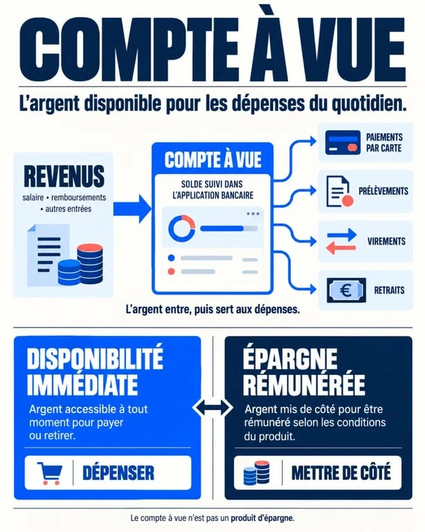 Infographie expliquant le fonctionnement d’un compte à vue et ses différences avec l’épargne