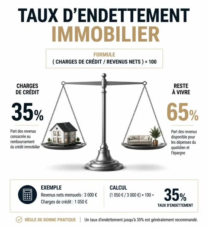 Infographie explicative du taux d'endettement de 35% pour un prêt immobilier après 2 refus de banque