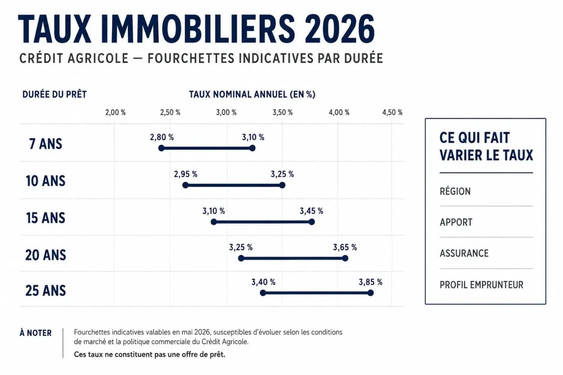 Taux immobilier 2026 Crédit Agricole : graphique des fourchettes de taux par durée et facteurs de variation