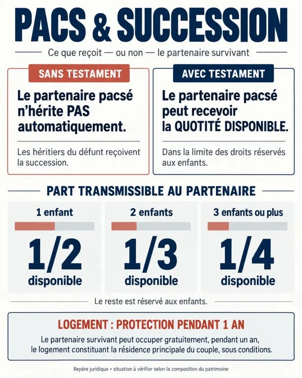 Infographie sur le PACS et succession avec testament, enfants, quotité disponible et logement