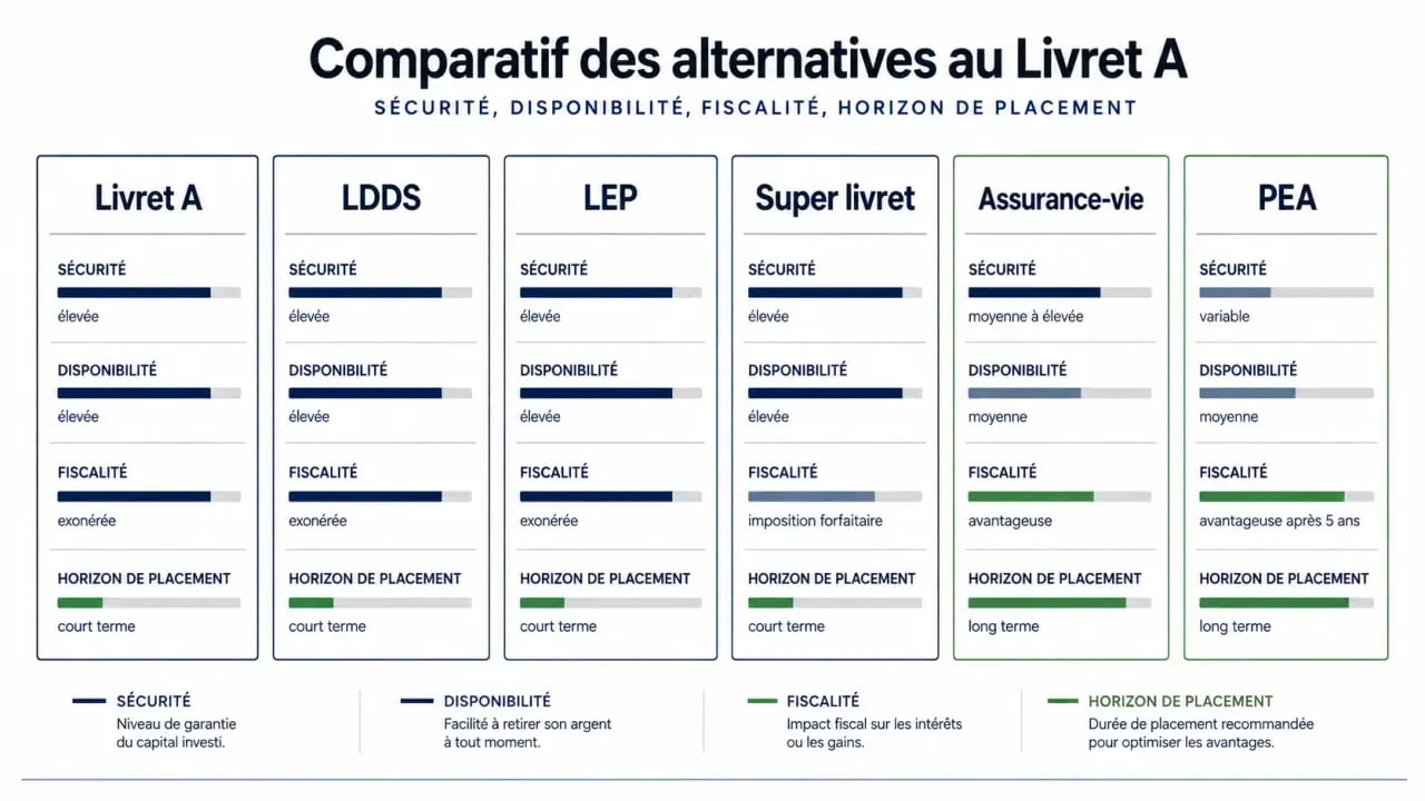 Alternative livret a : comparaison visuelle des solutions d’épargne selon sécurité, liquidité, fiscalité et rendement