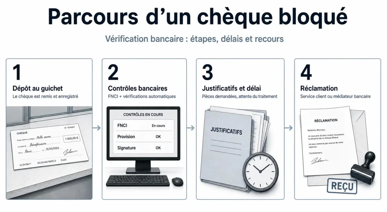 Schéma du chèque bloqué pour vérification : étapes de contrôle bancaire et délais