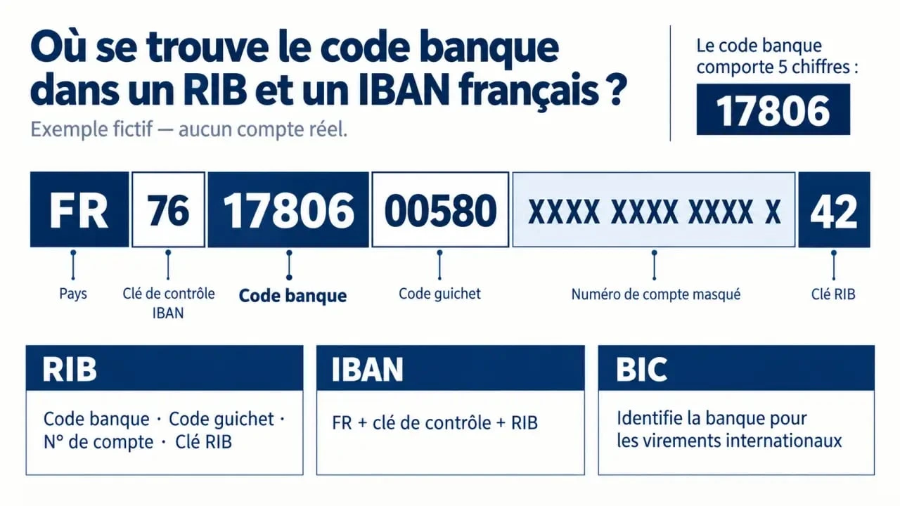 Infographie du code banque 17806 dans un RIB et un IBAN français