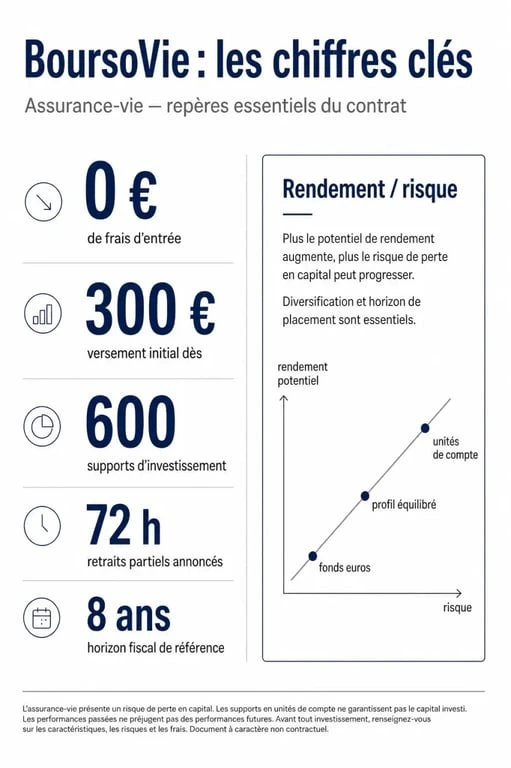Assurance vie Bourso : infographie des frais, du versement initial, des supports et des retraits