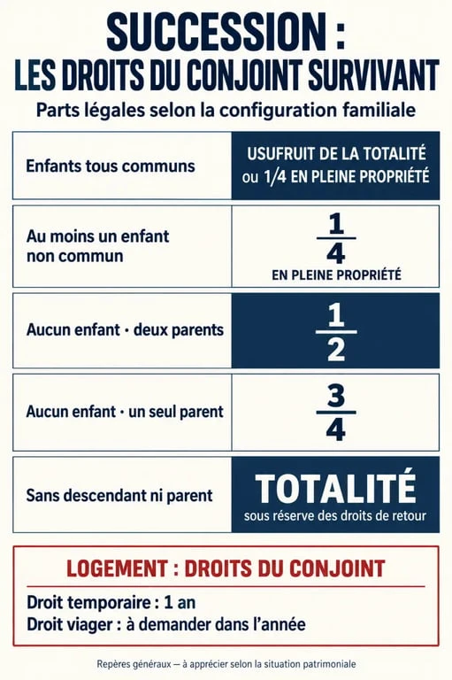 Infographie sur la nouvelle loi succession conjoint survivant et les parts héritées selon la situation familiale