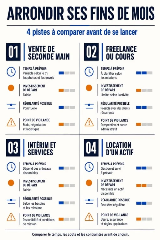 Infographie des solutions pour arrondir ces fin de mois selon le temps, l’investissement et les risques