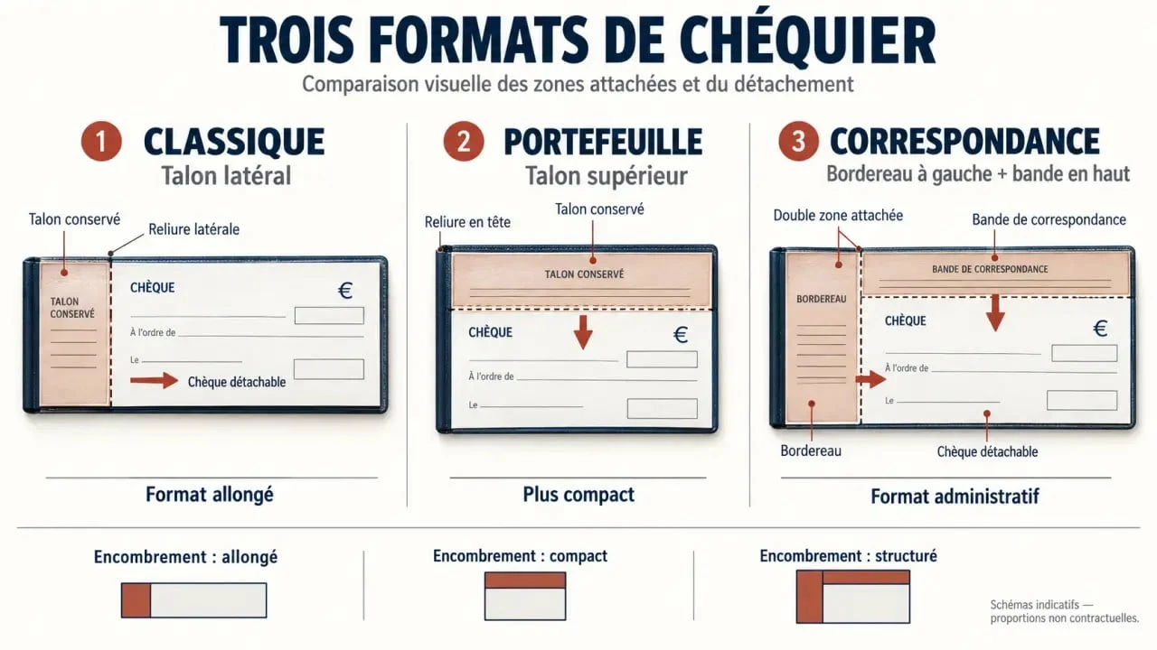 Infographie du chèque correspondance sans talon comparé aux formats classique et portefeuille