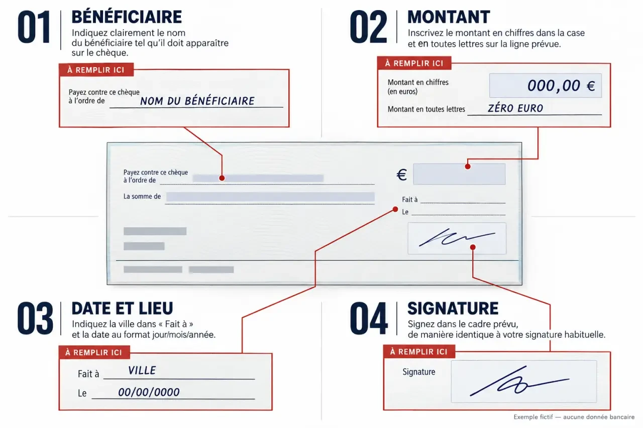 Illustration des étapes pour remplir correctement l’ordre d’un chèque